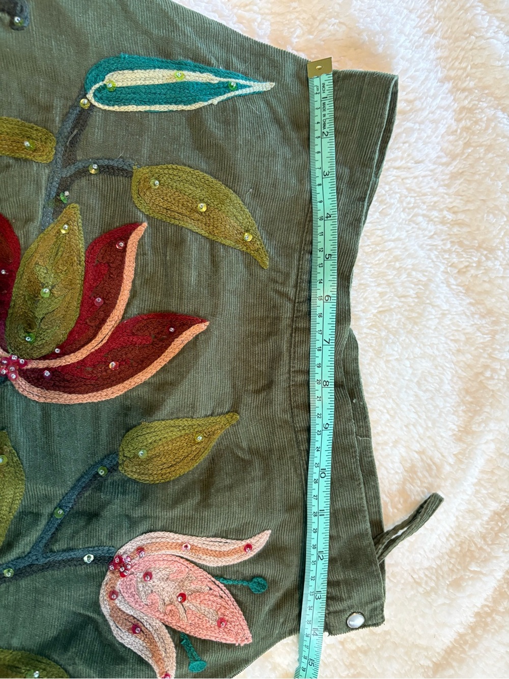 Pura Vida Olive Green A-Line Skirt with Pink & Teal Floral Embroidery - Picture 3 of 7